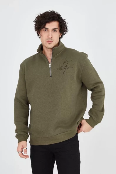 Erkek Yarım Fermuarlı Baskılı Sweatshirt - Yeşil - 4
