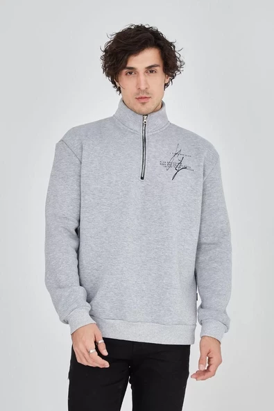 Erkek Yarım Fermuarlı Baskılı Sweatshirt - Gri - 5