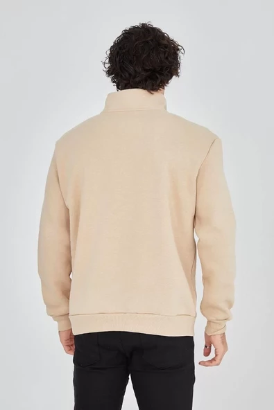 Erkek Yarım Fermuarlı Baskılı Sweatshirt - Bej - 7