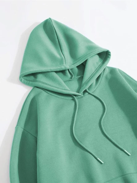 Erkek Düz Kapüşonlu Sweatshirt - Mint Yeşili - 4