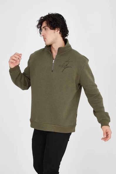 Erkek Yarım Fermuarlı Baskılı Sweatshirt - Yeşil - 2