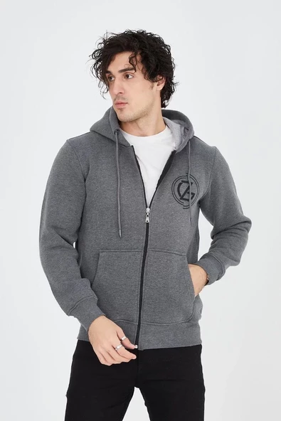 Erkek Kapüşonlu Baskılı Fermuarlı Hırka - Füme - 6