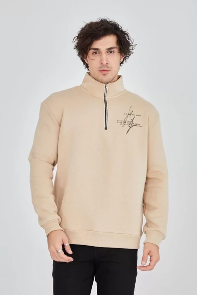 Erkek Yarım Fermuarlı Baskılı Sweatshirt - Bej - 2