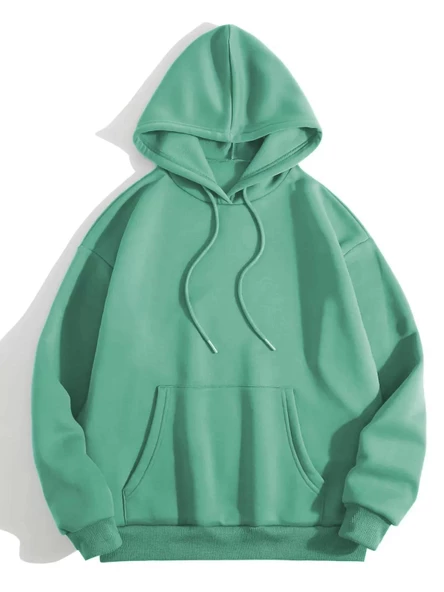 Erkek Düz Kapüşonlu Sweatshirt - Mint Yeşili
