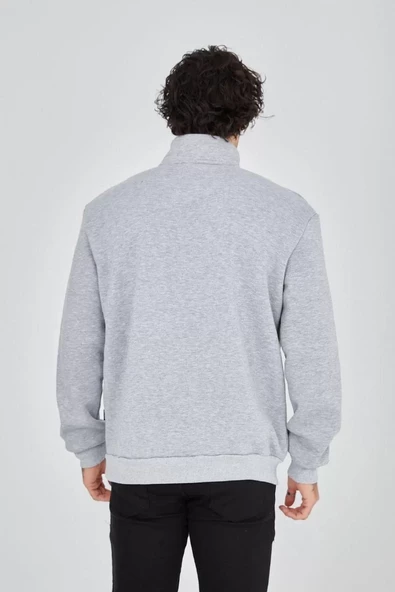 Erkek Yarım Fermuarlı Baskılı Sweatshirt - Gri - 2