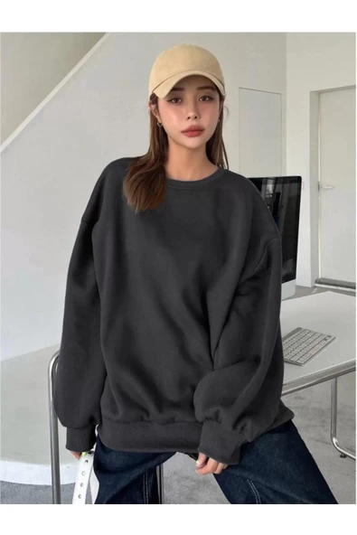 Kadın Düz Bisiklet Yaka Sweatshirt - Siyah