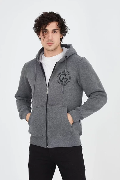 Erkek Kapüşonlu Baskılı Fermuarlı Hırka - Füme - 2