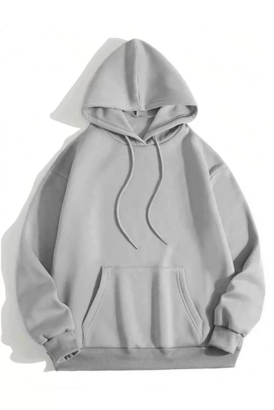 Erkek Düz Kapüşonlu Sweatshirt - Boyalı Gri - 2
