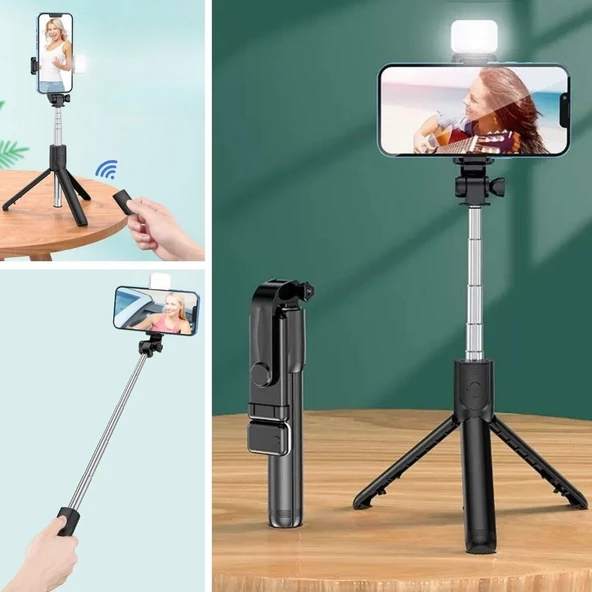 Kendiliğinden Işıklı Masaüstü Tripod Olabilen Telefon Tutuculu Kablosuz Kumandalı Selfie Çubuğu