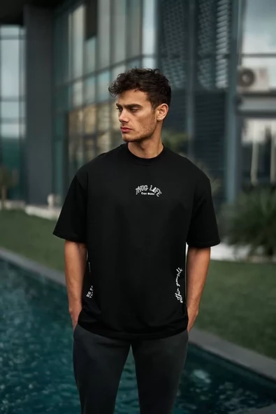 Unisex Baskılı Oversize T-Shirt - Siyah - 3