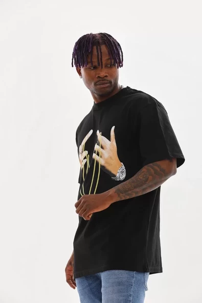 Unisex Baskılı Oversize T-Shirt - Siyah - 4
