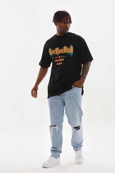 Unisex Baskılı Oversize T-Shirt - Siyah - 4