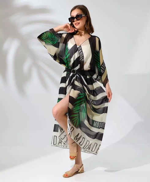 Kadın Rahat Kesim Kemerli Şifon Kimono - Yeşil - 7