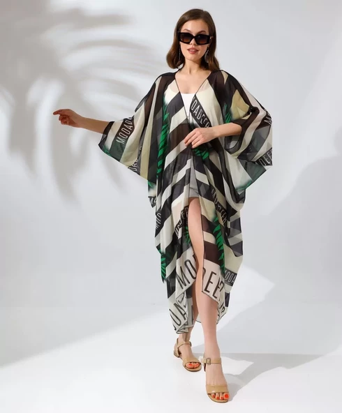 Kadın Rahat Kesim Kemerli Şifon Kimono - Yeşil - 6