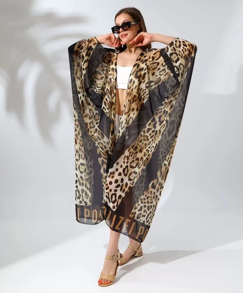 Kadın Rahat Kesim Kemerli Şifon Kimono - Leopar - 6