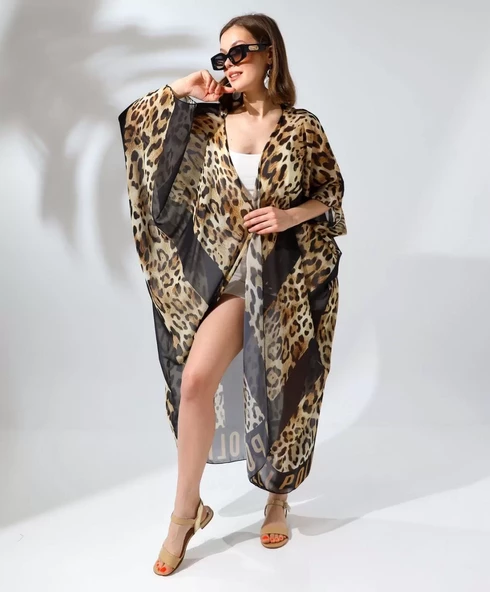 Kadın Rahat Kesim Kemerli Şifon Kimono - Leopar - 5