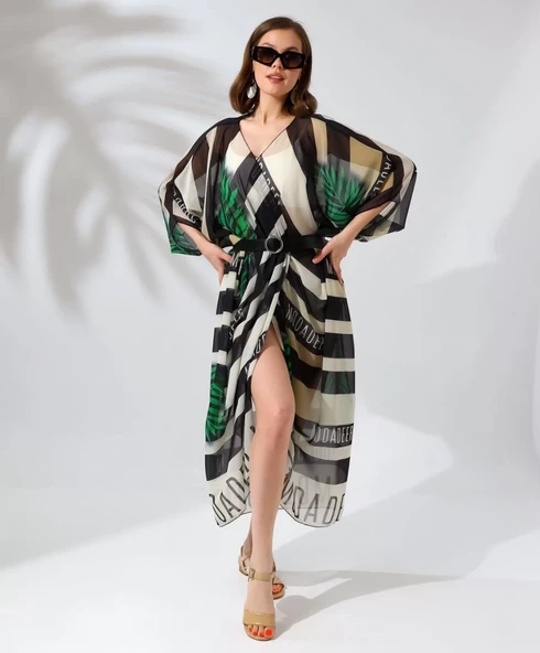 Kadın Rahat Kesim Kemerli Şifon Kimono - Yeşil - 3