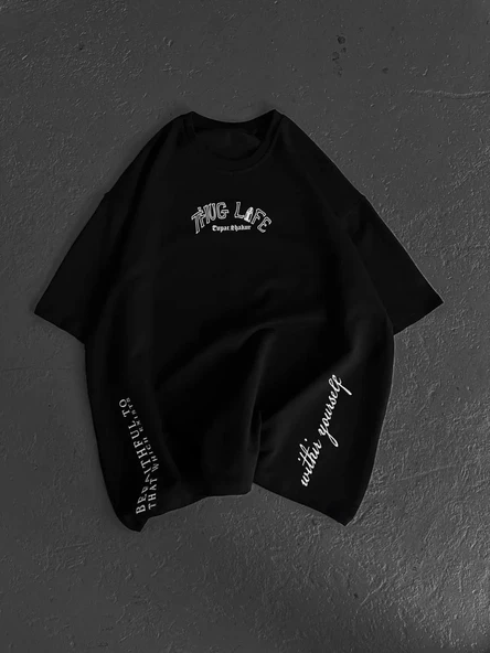 Unisex Baskılı Oversize T-Shirt - Siyah - 5