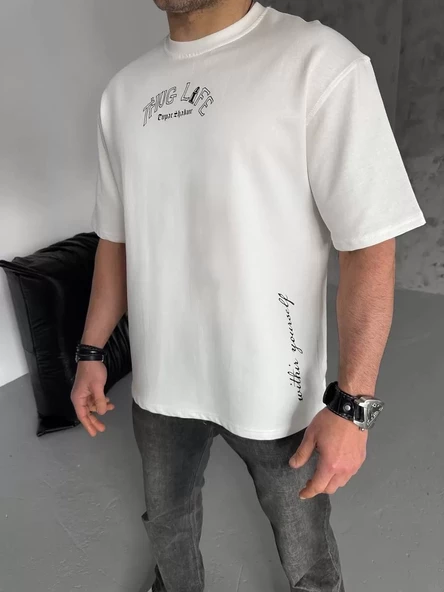 Unisex Baskılı Oversize T-Shirt - Beyaz - 3
