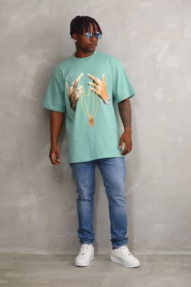 Unisex Baskılı Oversize T-Shirt - Mint Yeşili - 5