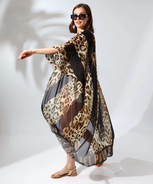 Kadın Rahat Kesim Kemerli Şifon Kimono - Leopar - 4