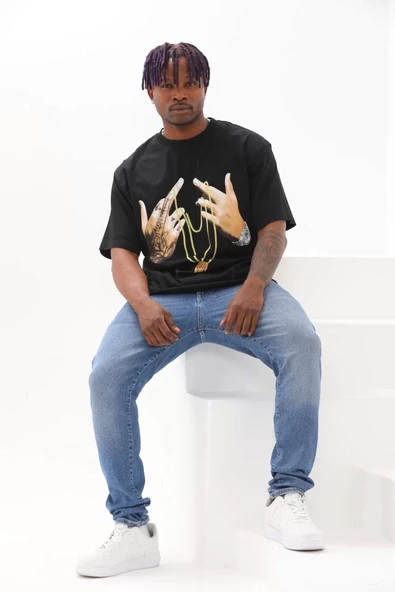 Unisex Baskılı Oversize T-Shirt - Siyah - 8
