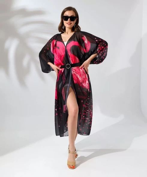 Kadın Rahat Kesim Kemerli Şifon Kimono - Siyah - 7