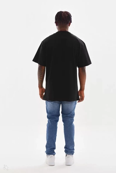 Unisex Kuşgözü Detaylı Baskılı Oversize T-Shirt - Siyah - 2