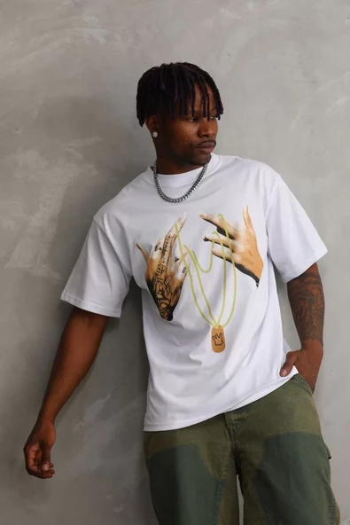 Unisex Baskılı Oversize T-Shirt - Beyaz - 5