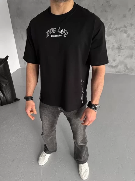 Unisex Baskılı Oversize T-Shirt - Siyah - 2