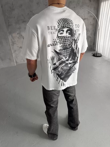 Unisex Baskılı Oversize T-Shirt - Beyaz - 4