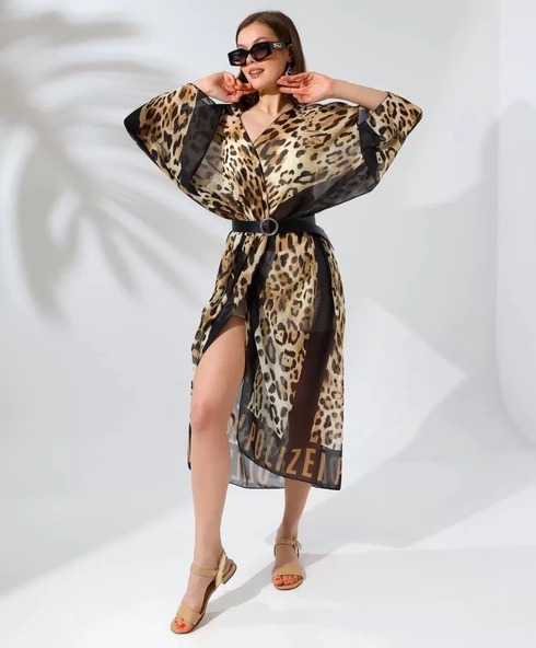 Kadın Rahat Kesim Kemerli Şifon Kimono - Leopar - 7