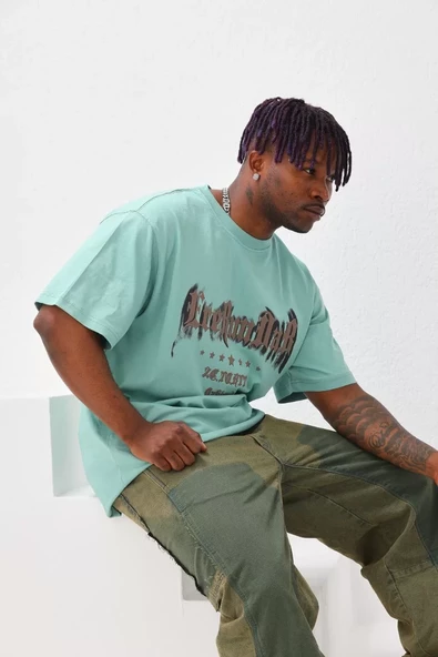 Unisex Baskılı Oversize T-Shirt - Mint Yeşili - 6