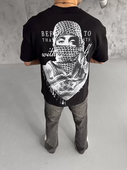 Unisex Baskılı Oversize T-Shirt - Siyah - 4