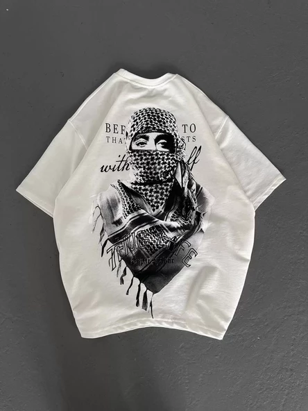 Unisex Baskılı Oversize T-Shirt - Beyaz - 7