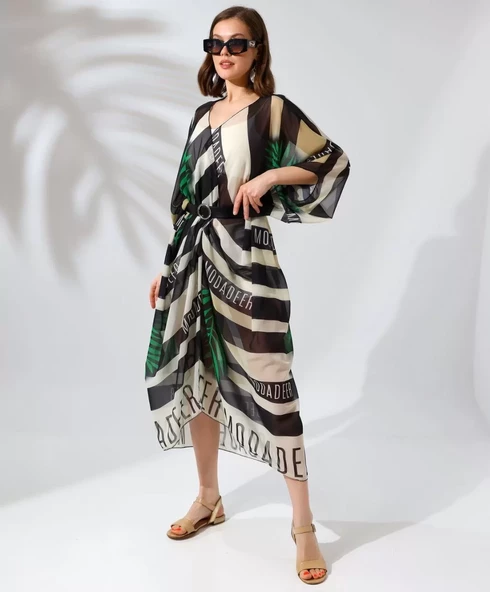 Kadın Rahat Kesim Kemerli Şifon Kimono - Yeşil - 5