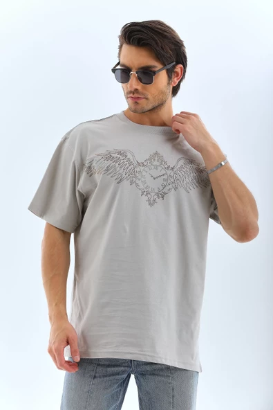 Unisex Oversize Taşlı Bisiklet Yaka T-Shirt - Gri - 7