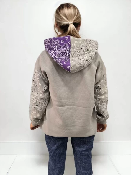 Kadın Baskılı Kapüşonlu Sweatshirt - Gri - 5