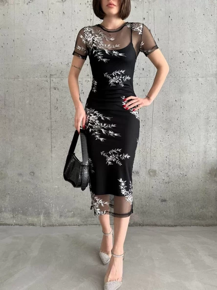 Kadın Baskılı Şifon Kimono Elbise - Siyah - 4