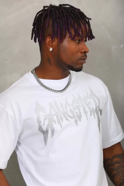 Unisex Oversize Taşlı Bisiklet Yaka T-Shirt - Beyaz - 2