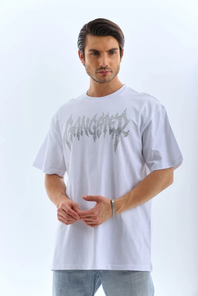 Unisex Oversize Taşlı Bisiklet Yaka T-Shirt - Beyaz - 4