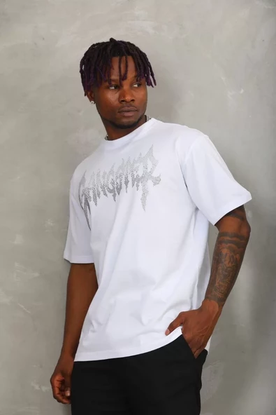 Unisex Oversize Taşlı Bisiklet Yaka T-Shirt - Beyaz - 3