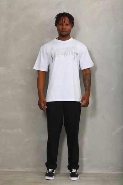 Unisex Oversize Taşlı Bisiklet Yaka T-Shirt - Beyaz - 5