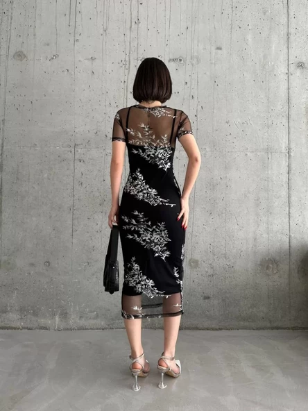 Kadın Baskılı Şifon Kimono Elbise - Siyah - 2