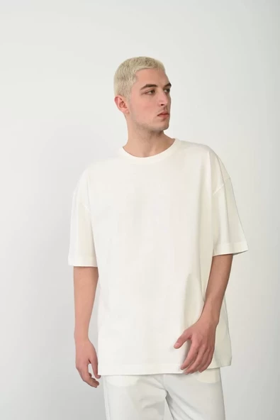 Unisex Basic Bisiklet Yaka Oversize T-Shirt - Beyaz