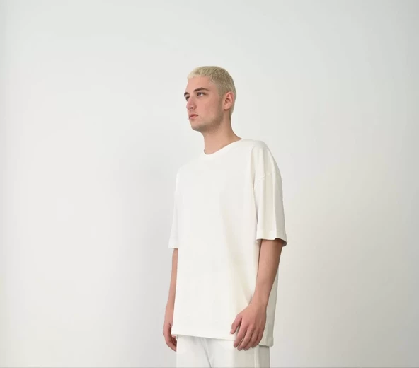 Unisex Basic Bisiklet Yaka Oversize T-Shirt - Beyaz - 3