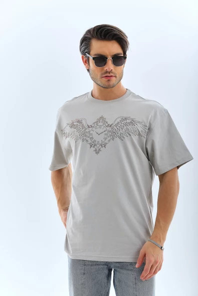 Unisex Oversize Taşlı Bisiklet Yaka T-Shirt - Gri - 5