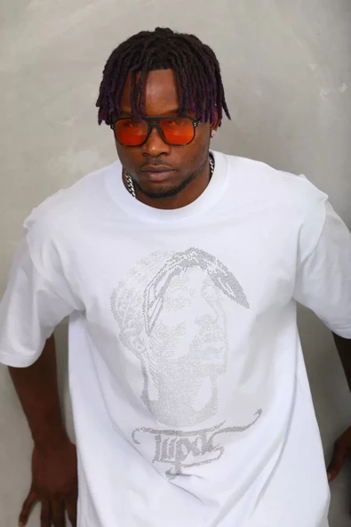 Unisex Oversize Taşlı Bisiklet Yaka T-Shirt - Beyaz - 3