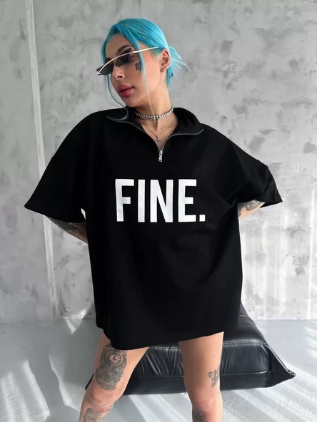Unisex Baskılı Yarım Fermuarlı T-Shirt - Siyah - 2