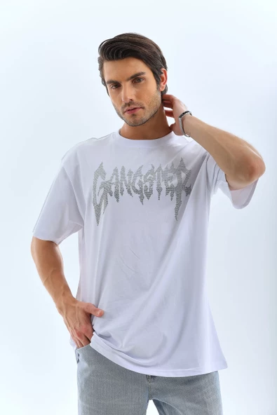 Unisex Oversize Taşlı Bisiklet Yaka T-Shirt - Beyaz - 7